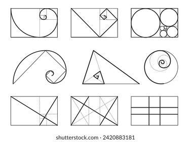 Rahmensatz für das Goldene Verhältnis Logarithmische Spirale im Rechteckrahmen, die auf Linien, Quadrate und Kreise aufgebrochen ist. Symmetrische Proportionen