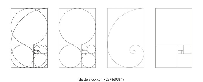 Golden ratio template set. Balance, harmony proportions. Golden section. Fibonacci array, numbers. Outlined vector illustration.