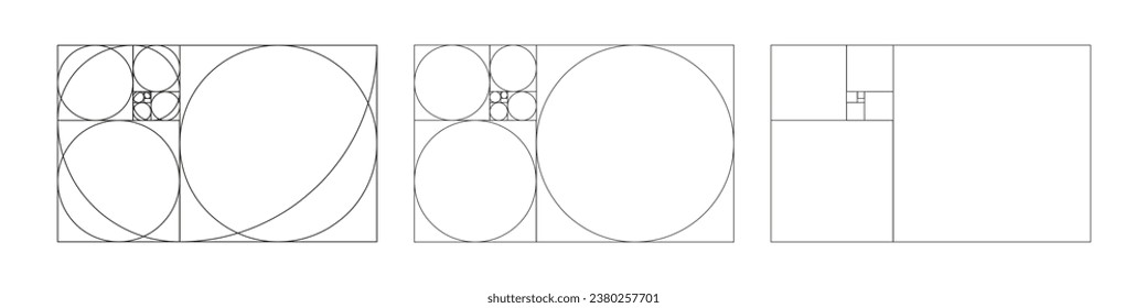 Golden ratio template set. Fibonacci array, numbers. Harmony proportions collection. Outline vector illustration. Method golden sections.