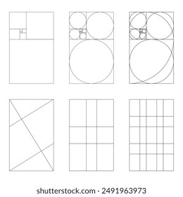 Conjunto de Plantilla de proporción dorada. Matriz de Fibonacci, números. Método sección dorada. Iconos de proporciones de armonía. Ilustración gráfica de contorno aislada sobre un fondo blanco. Patrón de proporción dorada.