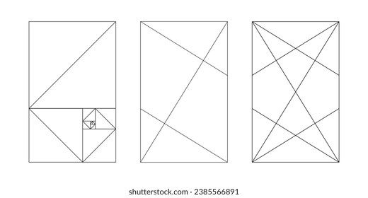 Conjunto de plantillas de ratio de oro. Proporciones de armonía. Secciones doradas de método. Matriz de Fibonacci, números. Gráfico de esquema. Ilustración vectorial.