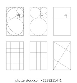 Golden ratio template set. Method golden section. Fibonacci array, numbers. Harmony proportions collection. Outline vector illustration.	