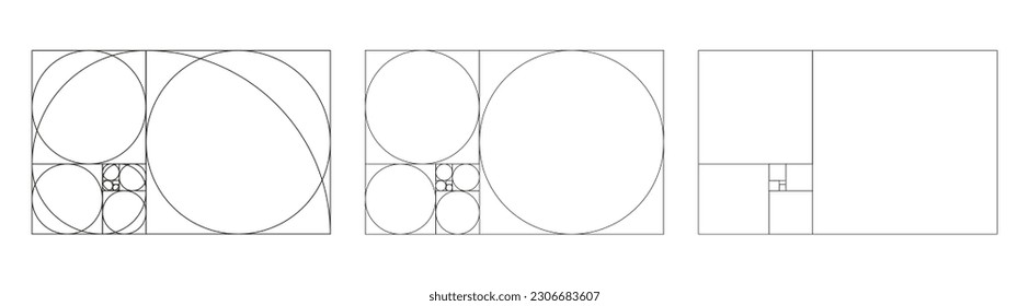 Golden ratio template set. Method golden section. Fibonacci array, numbers. Harmony proportions collection. Outline vector illustration.	