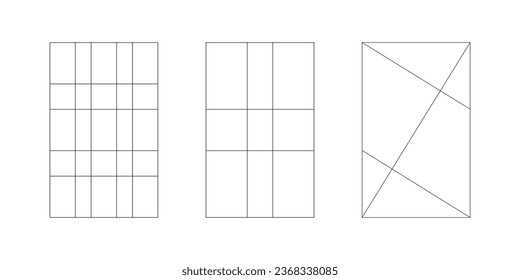 Golden ratio template set. Method golden section. Fibonacci array, numbers. Harmony proportions. Vector outline illustrations.