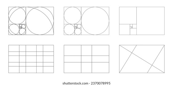 Golden ratio template set. Method golden section. Fibonacci array, numbers. Harmony proportion collection. Vector outline illustration.