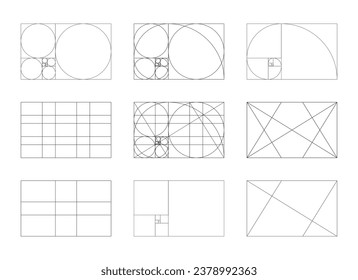 Golden ratio template set. Method golden section. Fibonacci array, numbers. Harmony proportions. Outline vector graphic illustration. 