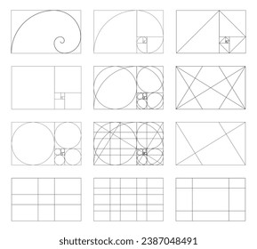 Golden ratio template set. Method golden section. Fibonacci array, numbers. Harmony proportions, symmetry, balance. Outline vector graphic illustration. Geometry sequence grids.