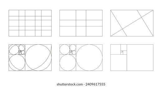 Golden ratio template set. Method golden section grids. Fibonacci array, numbers icons. Harmony proportions frames. Vector graphic illustration. Eps.	