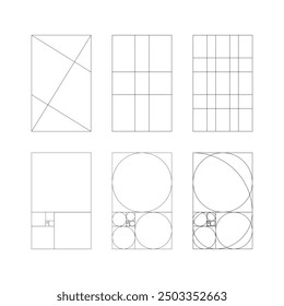 Plantillas de proporción dorada. Proporciones de armonía. Método sección dorada. Proporción de oro. Fibonacci, números. Ilustración gráfica de línea.