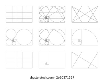 Golden ratio templates. Method golden section patterns. Fibonacci array, numbers shapes. Harmony proportions forms. Outline graphic illustration. Minimalist printable mockups.