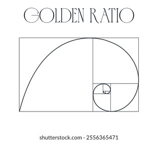 A golden ratio templates on white background. Signs of Fibonacci sequence. Logarithmic spiral in a rectangular frame, divided into lines, squares and circles. Ideal symmetry proportions diagram.