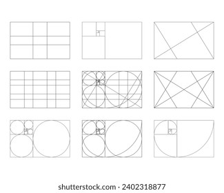 Golden ratio templates set. Fibonacci array, numbers. Harmony proportions. Method golden section. Outline vector illustration.