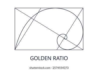 golden ratio templates. Signs of Fibonacci sequence. Logarithmic spiral in a rectangular frame, divided into lines, squares and circles. Ideal symmetry proportions diagram. EPS 10