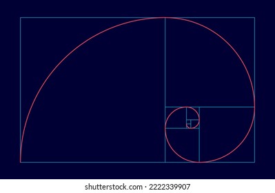 Golden ratio vector spiral shape in fibonacci grid on black background