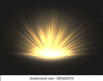 Golden ray radiance. Vector sunrise beams, starburst on transparent background, heavenly fiery sunset on sky, gold glowing explosion, star burst effect