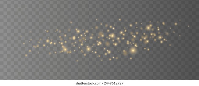 Golden rays with flying dust and glowing particles. Vector sparkles on a transparent background. Sparkling magical dust particles