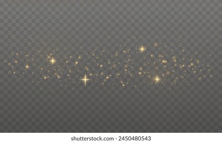 Golden rays with flying dust and glowing particles. Vector sparkles on a transparent background. Sparkling magical dust particles.	
