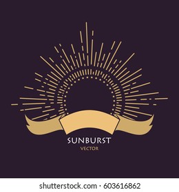 Golden rays of glory and stars. Curved ribbon for text. Vector images in hand drawing style. Template logo. Vintage royal symbol of power and wealth. Creative business sign. 