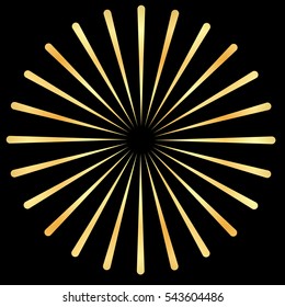 Golden Rays, gold beams element. Sunburst, starburst shape. Radiating, golden radial, merging lines. Abstract gold circular geometric shape.