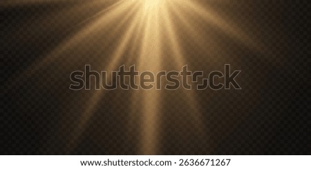 Golden rays of light realistic sunbeam effect. On transparent background