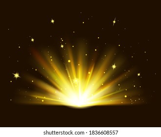 Golden rays rising on black background. Shining golden bright light. Abstract Gold shine burst with sparkles. Vector Illustration.