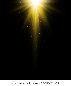 Golden Rays rising. Star burst. Sun flash with gold glitter effect.Yellow light on dark background. Vector realistic illustration 