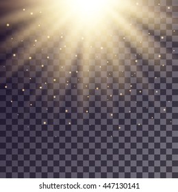 Golden rays from top with shiny particles on transparent background.