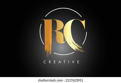 Golden RC Brush Stroke Letter Logo Design. Black Paint Logo Leters Icon with Elegant Circle Vector Design.