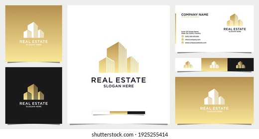 Golden real estate logo design with business card template