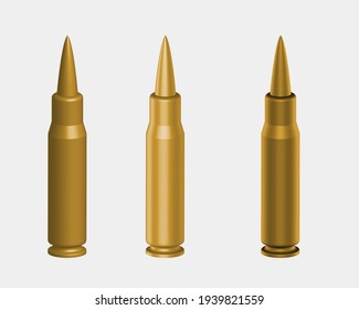 Golden Realistic 3d Bullets Vector Set Isolated on White