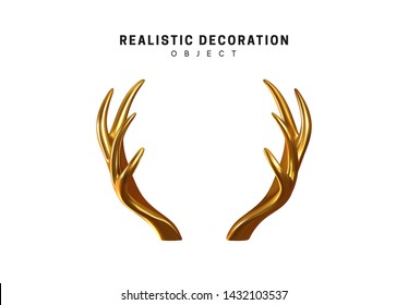 Golden realistic 3d horns of deer, elk. isolated on white background. vector illustration.