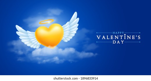 Golden realistic angel heart with white wings flies above the clouds on blue sky background. Happy Valentines day greeting card conceptual design. Vector illustration EPS10.