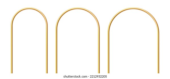 Golden realistic arch. Gold 3d arch frame. Shiny doorway. Blank portal design element. Vector illustration isolate on white background.