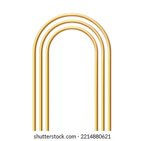 Golden realistic arch. Gold 3d arch frame. Shiny doorway. Blank portal design element. Vector illustration isolate on white background.