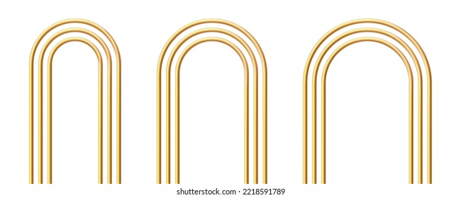 Golden realistic arch. Gold 3d arch frame. Shiny doorway. Blank portal design element. Vector illustration isolate on white background.