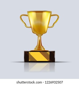 Golden realistic champion cup or trophy. 3d Vector illustration.