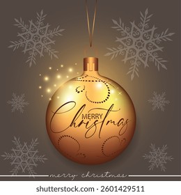 A golden realistic Christmas bauble featuring a Christmas blessing and a decorative pattern on a backdrop of falling snowflakes.