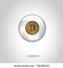 Golden  realistic coin with bitcoin symbol in soap bubble. Vector illustration. Eps10.