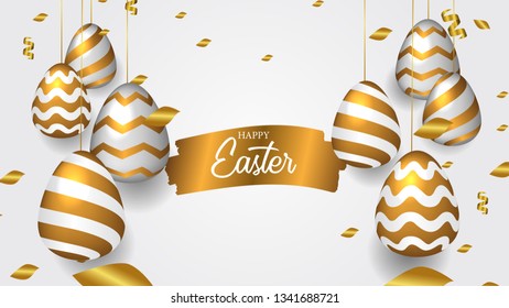 Golden realistic decorative hanged egg with confetti with splash brush ink gold for Easter celebration event. banner, poster, background, brochure, flayer. Vector Illustration