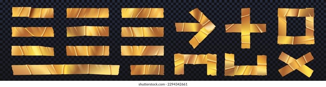 Golden realistic duct tape isolated pieces vector. Gold duck sellotape arrow, cross, frame and plus glued wrinkled set. Clerical metallic sticky stripe label collection with torn corner illustration