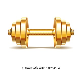 Golden realistic dumbbell isolated on white background. Realistic vector illustration.
