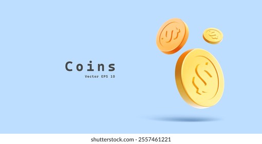 Golden realistic dynamic 3D dollar coins on blue background. Banner for business and finance concepts. Vector illustration.