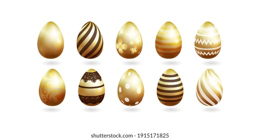 Golden realistic Easter eggs with a pattern isolated on a white background. Different murals. Vector illustration.