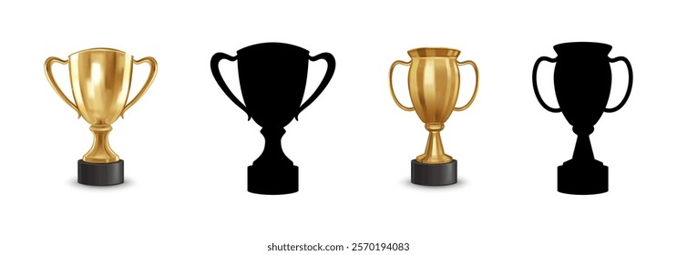 Golden Realistic and Flat Black Silhouette Trophy Icon Set