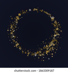 Golden realistic flying stars isolated on black. Luxury shiny little random stellar falling. Round frame of little shining stars. Decorative Golden christmas sparkles glitter star, star dust. Vector