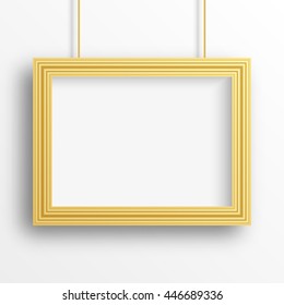 Golden realistic frame with shadow isolated on the white wall. Vector illustration
