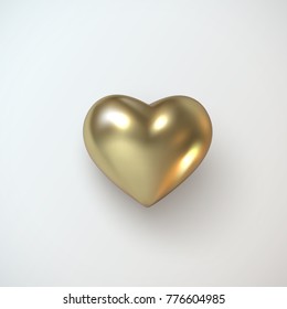 Golden realistic heart. 3d vector illustration of metallic heart shape. Valentines day or wedding sign. Love concept