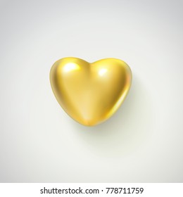 Golden realistic heart isolated on white background. 3d vector illustration of metallic luxury heart shape. Happy Valentines day greeting card template or wedding sign. Love and romance theme.