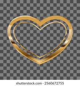 Golden realistic heart shaped frame isolated on transparent background. Luxury symbol of love.