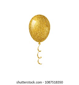 Golden Realistic Helium Balloon With Glitter Texture And Flowing Ribbon Isolated On White Background.